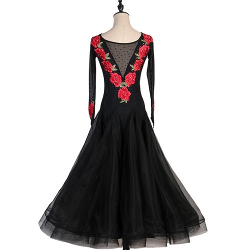Women's girls black with rose comptition ballroom dancing dresses flamenco waltz tango dancing dresses